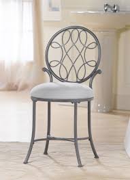 Bathroom Furniture Gray Polished Wrought Iron Vanity Chair With Rounded White Tone Padded Seat And Ornate Back Res Bathroom Vanity Chair Vanity Chair Furniture