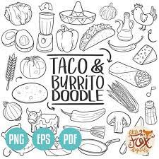 Taco And Burrito Doodle Icons Mexican Fast Food Day Etsy In 2021 Doodles Scrapbook Recipe Book Doodle Icon
