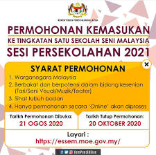Ibu bapa yang berminat untuk menghantar anak ke mrsm (samada tingkatan 1 atau tingkatan 4), boleh baca perkongsian tentang permohonan mrsm. Permohonan Kemasukan Ke Tingkatan 1 Sekolah Seni Malaysia Bagi Sesi Persekolahan 2021 Di Buka Pada 21 Ogos 2020 Hingga 20 Oktober 2020