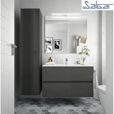 Réalisation d'une salle de bain design avec un placard à porte plane, des portes de placard blanches, une baignoire posée, un combiné douche/baignoire meuble tout en 1 qui court le long du mur. Meuble De Salle De Bain Suspendu 2 Tiroirs Fussion Line 900 Gris Brillant Salgar 23330 Vita Habitat