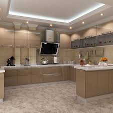 A glamorous white ceiling, walls, and cabinets contrast with the dark wood of the kitchen island. High Gloss Lacquer Kitchen Cabinet Doors With Modular Kitchen Cabinet Color Combinations And Island Buy Modular Kitchen Cabinet Color Combinations High Gloss Lacquer Kitchen Cabinet Doors Kitchen Island Product On Alibaba Com