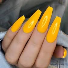 Coffin yellow nails (ombre+glitter accent nails). Repost Mango Yellow On Long Coffin Nails Picture And Nail Design By Lexelucouture Follow Yellow Nails Design Yellow Nails Yellow Nail Art