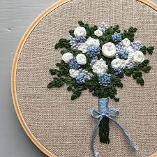 Botanical Embroidery Hoop Art Embroidered Bouquet Hand Stitched Florals Blue Hydrangea Romantic Anniversary Gifts Embroidery Flowers Blue Hydrangea Flowers