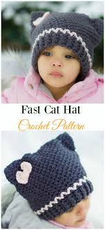 Here is a simple tutorial on how to crochet a cat hat. Fast Cat Hat Crochet Pattern Fun Kids Cat Hat Crochet Patterns Diy How To