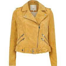 River Island Light Yellow Belted Suede Biker Jacket 240 Liked On Polyvore Featuring Outerwear Jackets Colorful Leather Jacket Suede Biker Jacket Jackets
