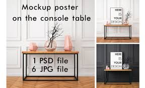 Download Poster On The Console Table In Indoor Advertising Mockups On Yellow Images Creative Store PSD Mockup Templates