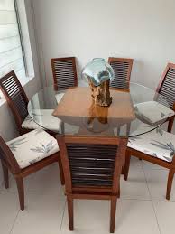 0795686359.read price list 4seater 2,400 6sester 2,800 8seater 3,200.read more. Stunning Teak And Glass Top 8 Seater Round Dining Table Furniture Tables Chairs On Carousell