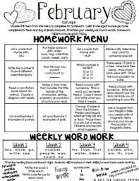 Homework Menus Kindergarten Homework Menu Kindergarten Homework Lesson Plans For Toddlers