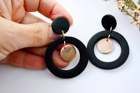 Round Polymer Clay Earrings Black And Gold Hoop Dangles Studs Etsy Diy Clay Earrings Polymer Clay Jewelry Diy Polymer Clay Earrings