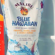 This mixed drink has the following ingredients: Malibu Blue Hawaiian Rum Pouch Malibu Rum Drinks