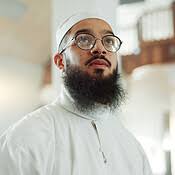 Man, thinking and mosque for islam religion, spirituality or Ramadan in  holy temple for prayer to God. Muslim person for belief or culture, Eid  Mubarak or praise with hope, travel and faith in Allah