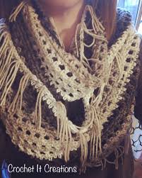 Solid knit infinity winter scarf tear drop fringe elastic fishnet circle loop. Fringe Infinity Scarf Crochet Pattern Crochet Pattern Crochet It Creations