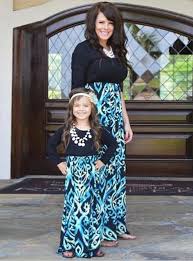 Empire Waist Maxi Dress Black With Blue Printed Skirt Mother Daughter Matching Outfits Mother Daughter Outfits Mommy Daughter Outfits
