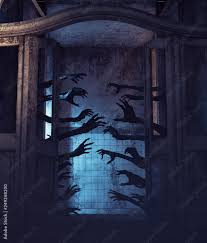 House of a thousand hands,Undead hands behind the doors in a haunted  house,3d rendering Иллюстрация Stock | Adobe Stock