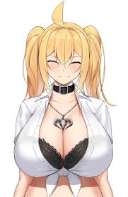 kirome (kamipaper), saaya (kirome), haks, original, highres, 1girl, ahoge,  black bra, blonde hair, blush, bra, bra visible through clothes, breasts,  choker, cleavage, closed eyes, collared shirt, hair between eyes, heart,  huge breasts,
