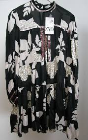Nwt Zara Black Limited Edition Printed Dress Sequin Detail Size M Ref 5107 242 Zara Aline Casual In 2020 Print Dress Sequin Dress Zara Black