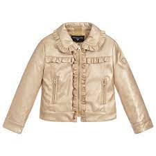 Girls Metallic Gold Faux Leather Jacket From Monnalisa With Pretty Ruffle Trim It Is Lightly Padded And Lined In Faux Leather Jackets Leather Jacket Jackets