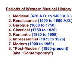 Timeline of classical music composers, between 1400 and 1600 (renaissance era) whoever wants to discover classical music or opera does not always have an experienced music lover, an expert or an educator at his or her side to support and guide him or her in these fields. Periods Of Western Musical History 1 Medieval 476 A D To 1400 A D 2 Renaissance 1400 To 1600 A D 3 Music Lesson Plans Teaching Music Western Music
