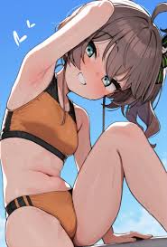 masasirai, natsuiro matsuri, hololive, highres, 1girl, arm behind head,  armpits, bare shoulders, blue eyes, blue sky, blush, breasts, brown hair,  day, grin, heart, long hair, navel, outdoors, side ponytail, sitting, sky,  small