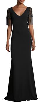 Badgley Mischka Beaded Fringe Sleeve V Neck Crepe Evening Gown Evening Wear Dresses Evening Gowns Evening Dresses