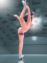 highres, source request, 1girl, black hair, blush, breasts, censored,  dildo, flexible, ice skates, ice skating, large breasts, leg lift, leg up,  long hair, navel, nipples, nude, purple eyes, pussy, pussy juice, sex