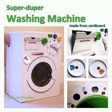 Washing Machine Made From A Cardboard Box With Dials Made From Bottle Caps It Has A Working Door And Deterge Cardboard Crafts Kids Diy For Kids Diy Cardboard