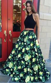 2 Piece Yellow Floral Print Beaded Prom Evening Dress Lewande 50119 Floral Prom Dresses Floral Print Prom Dress Satin Prom Dress