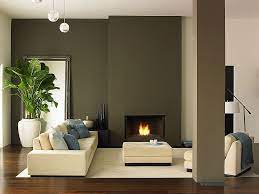 Dark Army Green Brown Grey Painted Wall Livingroom With Fireplace And Creme Sofa Green Sofa Living Room Colour Combinations Interior Green Couch Living Room