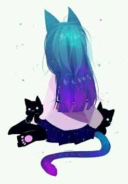 I Love The Cats And How The Hair Goes From Blue To Purple Would Prefer Dark Purple To Lilac In This Style Kawaii Anime Anime Neko Anime Drawings