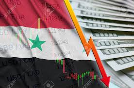 syria flag and chart falling us dollar position with a fan of