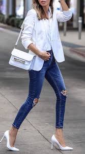 How To Wear Denim With White Color Ripped Jeans With White Details Women S Fashion Leggings Sweaters Women Fashion Womens Fashion Casual Chic