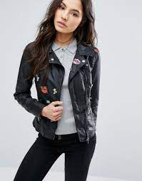 Buy It Now Only Faux Leather Jacket With Badge Detail Black Biker Jacket By Only Faux Lea Leather Jacket Studded Faux Leather Jacket Leather Jackets Women