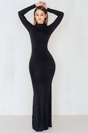 Prepare To Crush Em In This Fantastic Black Dress The High Neck Long Sleeve Jers Tight Long Sleeve Dress Long Sleeve Jersey Maxi Dress Turtle Neck Maxi Dress