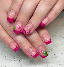 Summer Pink French Manicure Nails Featuring Cute Pink Flamingoes And Flowers Summer French Manicure Pink French Manicure Flamingo Nails