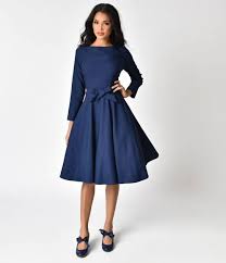 1940s Style Navy Blue Stretch Long Sleeve Swing Dress Long Sleeve Swing Dress Retro Bridesmaid Dresses 1940s Dresses