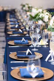Jun 10, 2021 · wildflowers arranged in woven vases or baskets can serve as lush centerpieces, but mix up your table settings with bold colors and luxe glassware. Navy Blue And Gold Wedding Table Settings Novocom Top