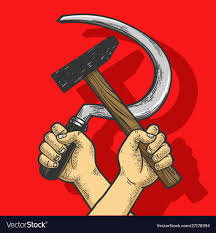 Hands with hammer and sickle sketch engraving Vector Image