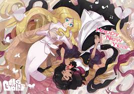 gnohcci (modantoire), caitlin (pokemon), creatures (company), game freak,  nintendo, original, pokemon, pokemon bw, highres, mixed-language  commentary, 2girls, aqua eyes, blonde hair, bug, butterfly, buttons, closed  eyes, closed mouth, dress, eyelashes ...