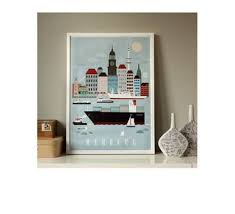 Hamburg City Kunstdruck Print Xxl Poster Fine Art A3 50x70 Wanddeko Bild Artwork Illustration Geschenk Boot Schiff Elbe Michel Container Poster Drucken Hamburg Poster Poster