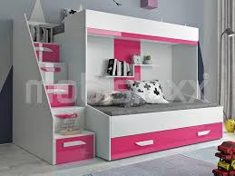 Avec son bureau et son lit du bas description:le lit superposable kaléo avec sommier gigogne vous permet de disposer de 3 pour ce qui est du rangement, là aussi ubaldi.com a pensé à tout en vous proposant différents modèles de. Lit Superpose Pareo 90x200 Cm Blanc Rose Brillant Avec Escalier A Gauche Chez Mobistoxx