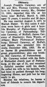 Obituary for Joseph Franklin Caraway, 1851-1925 (Aged 73)
