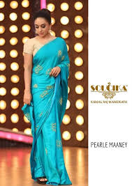 The Fabulous Alluring Pearle Maaney In A Soucika Saree For The Show Tamaar Padaar On Flowers Tv Shop The Loo Trendy Sarees Saree Designer Wedding Dresses