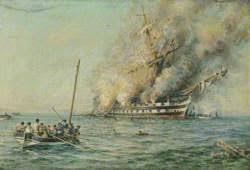 HMS 'Bombay' on Fire off Montevideo ...