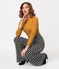 Black And White Pants Outfit Vintage High Waisted Trousers Sailor Pants Jeans Retro Style Black White Stripe Stretch Knit Retro Fashion Outfits Black And White Pants Stripe Pants Outfit