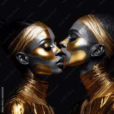 The power of a kiss, sexy beautiful african lesbian couple lips closeup  kissing seductive black woman dressed in golden clothes, sensual, lgbt,  kiss concept. Generative AI Stock Illustration | Adobe Stock