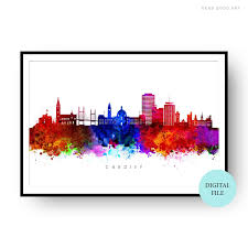 Cardiff Skyline Printable Multicolor On White Wales Uk Etsy Cityscape Art Street Map Art Digital Art Prints