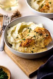 Just 4 ingredients transform themselves into oozy gooey goodness! Chicken With Creamy Dijon Sauce And Mashed Potatoes Modern Farmhouse Eats
