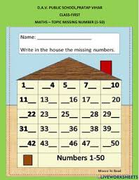 Use these for everyday classroom practice in sequential order by filling in only six numbers first and moving on up. Missing Number 1 50 Worksheet