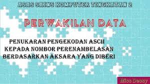Dalam fail yang menggunakan kod ascii, setiap aksara (angka, abjad dan simbol khas) diwakili oleh sejumlah 7 bit nombor perduaan yang terdiri daripada rentetan tujuh '0' atau '1. 1 2 3 Penukaran Pengekodan Ascii Kepada Nombor Perenambelasan Berdasarkan Aksara Yang Diberi Youtube