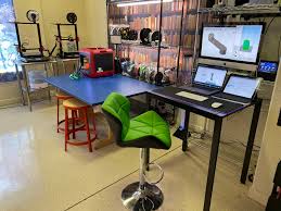 My Current 3d Printer Setup Waiting For One More Printer To Put On The Blue Table Can You Guess What This Printer Will Printer Desk 3d Printing Desk Setup